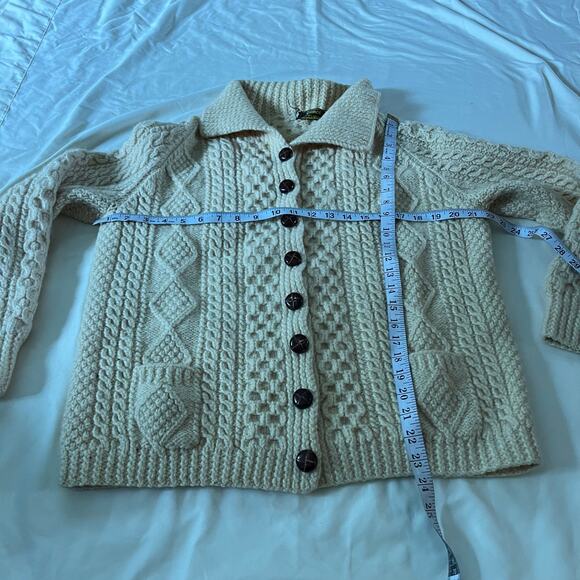 Cream 100% Wool Handknit Irish Fisherman Cardigan Sweater Wmns OS - Picture 10 of 10